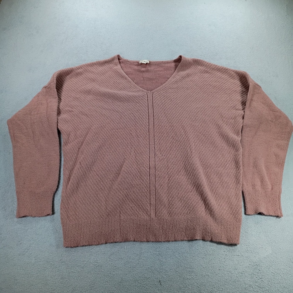 Poem & Thread Women Sweater Mauve Pink Large V-Neck Textured Knit Relaxed Fit